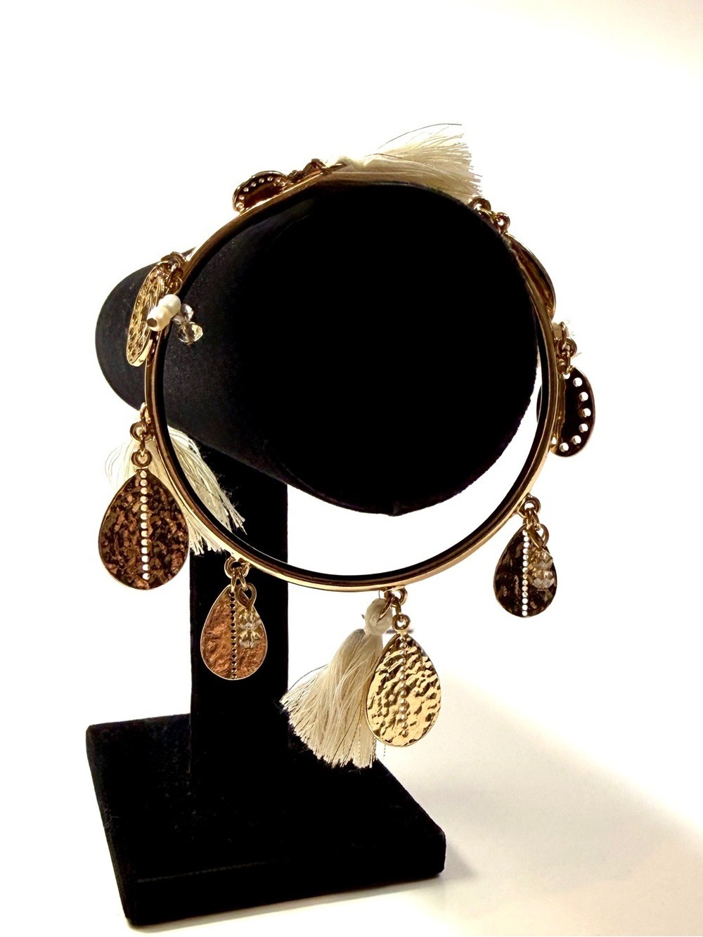 WHBM Gold Tone Tassel Charm Bangle Bracelet Cream